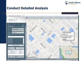 Conduct Detailed Analysis




             Use the Query Builder
             tool to query Vadim data
             directly to conduct what-
             if scenarios and run ad-    All Properties
             hoc queries against the     with an
             database                    Assessed Value
                                         between 200-
                                         300k
 