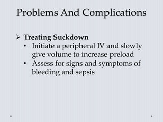 Problems And Complications
 Treating Suckdown
• Initiate a peripheral IV and slowly
give volume to increase preload
• Assess for signs and symptoms of
bleeding and sepsis
 