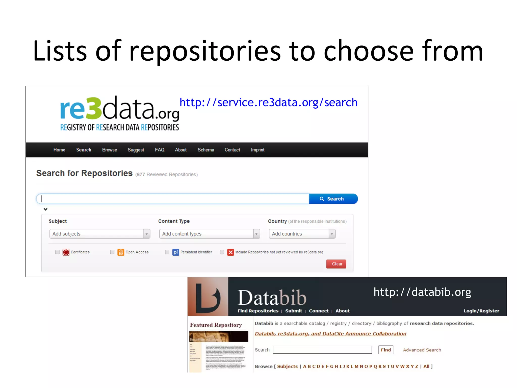 Lists of repositories to choose from
http://databib.org
http://service.re3data.org/search
 