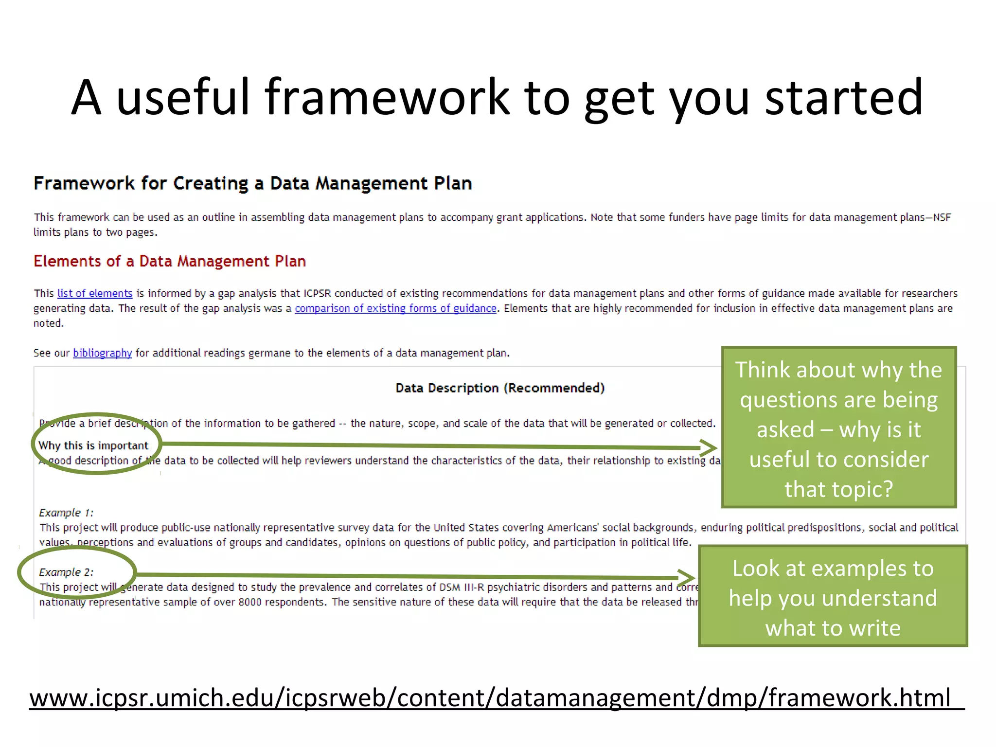 A useful framework to get you started
Think about why the
questions are being
asked – why is it
useful to consider
that topic?
Look at examples to
help you understand
what to write
•www.icpsr.umich.edu/icpsrweb/content/datamanagement/dmp/framework.html
 