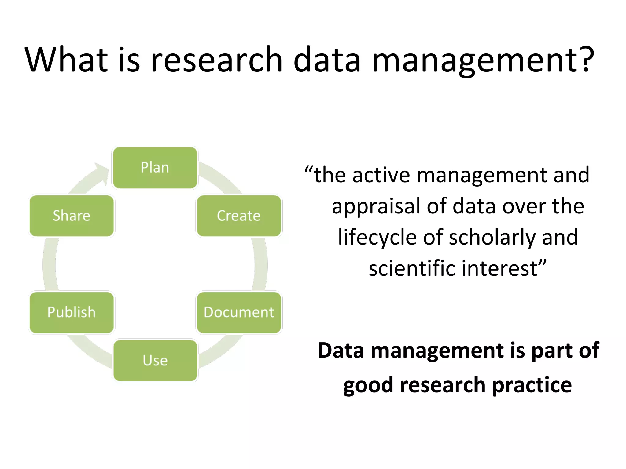 “the active management and
appraisal of data over the
lifecycle of scholarly and
scientific interest”
Data management is part of
good research practice
What is research data management?
 
