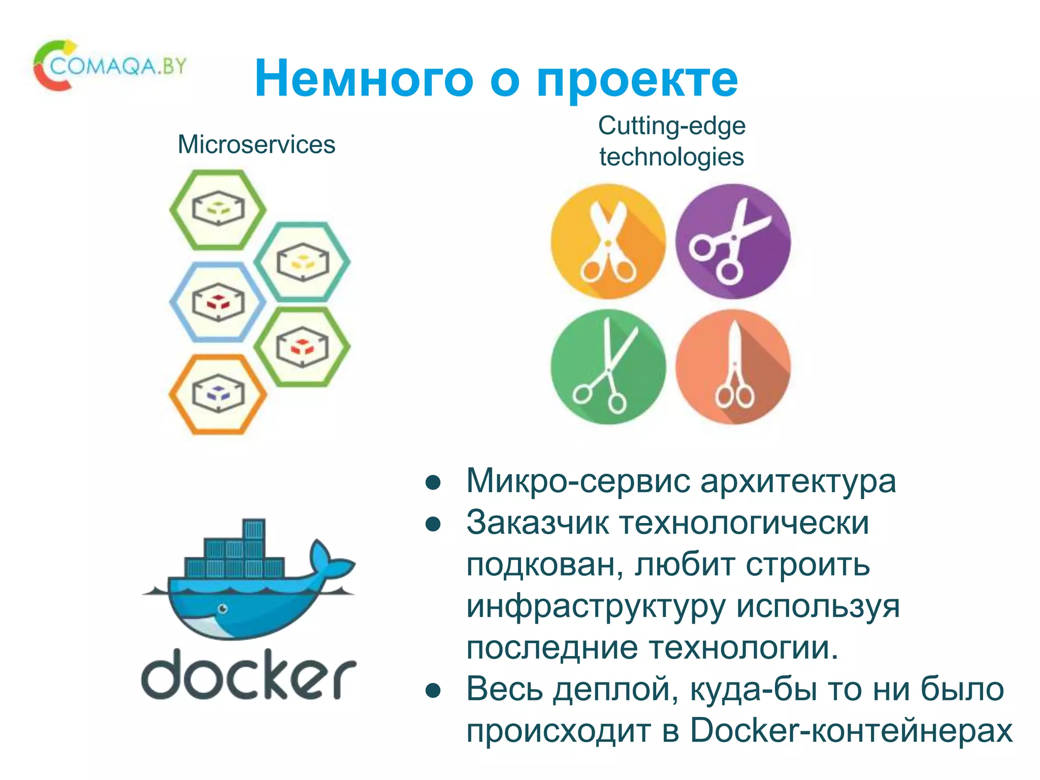 Немного о проекте
Microservices
Cutting-edge
technologies
● Микро-сервис архитектура
● Заказчик технологически
подкован, любит строить
инфраструктуру используя
последние технологии.
● Весь деплой, куда-бы то ни было
происходит в Docker-контейнерах
 
