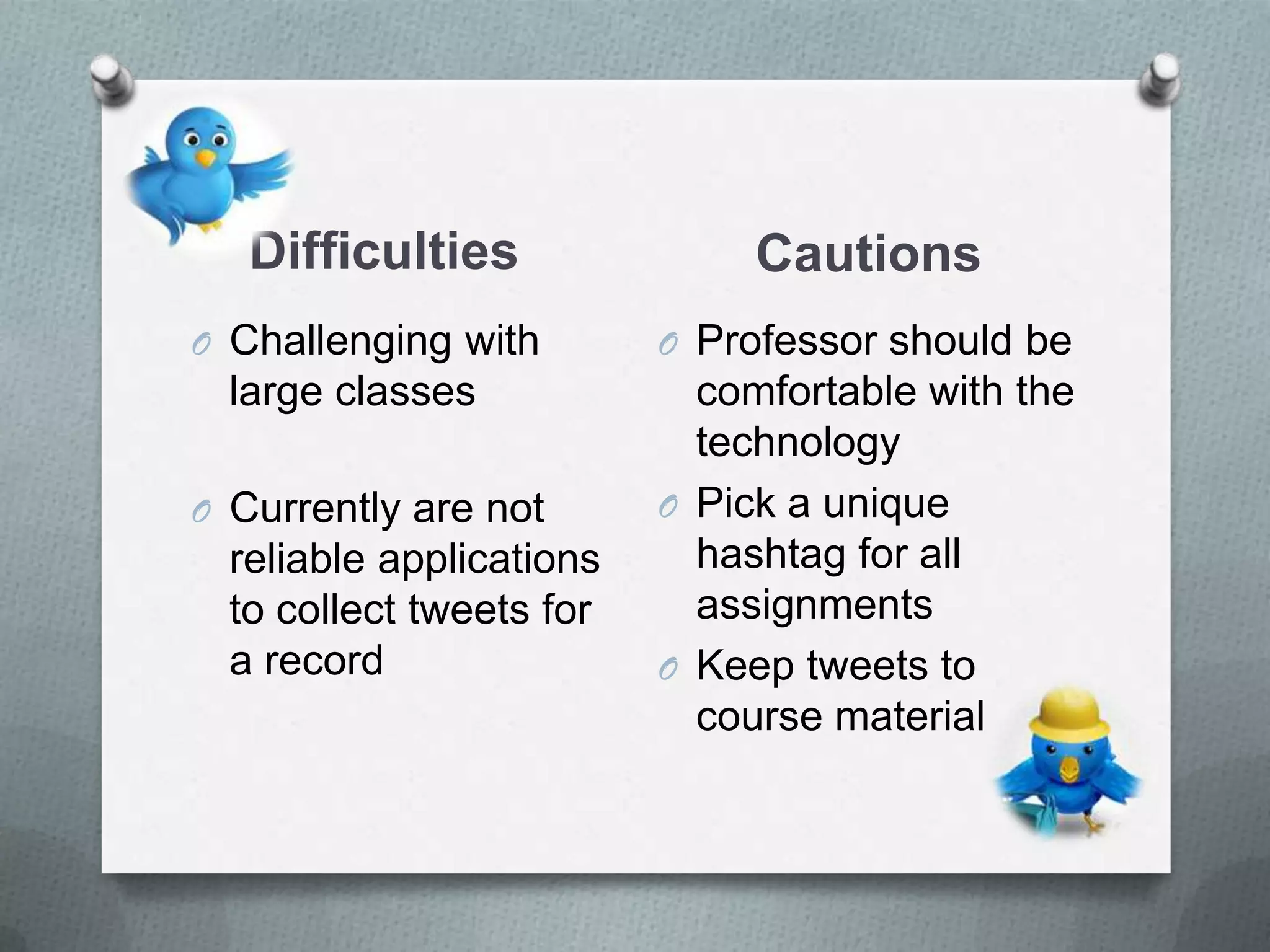 Difficulties Cautions
O Challenging with
large classes
O Currently are not
reliable applications
to collect tweets for a
record
O Professor should be
comfortable with the
technology
O Pick a unique
hashtag for all
assignments
O Keep tweets to
course material
 