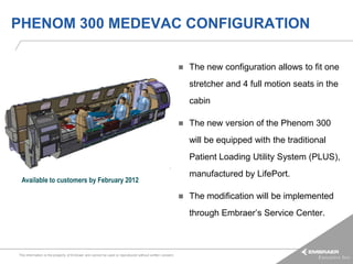 PHENOM 300 MEDEVAC CONFIGURATION

                                                                                                           The new configuration allows to fit one
                                                                                                            stretcher and 4 full motion seats in the
                                                                                                            cabin

                                                                                                           The new version of the Phenom 300
                                                                                                            will be equipped with the traditional
                                                                                                            Patient Loading Utility System (PLUS),
                                                                                                            manufactured by LifePort.
 Available to customers by February 2012

                                                                                                           The modification will be implemented
                                                                                                            through Embraer’s Service Center.



This information is the property of Embraer and cannot be used or reproduced without written consent.
 