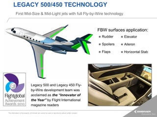 LEGACY 500/450 TECHNOLOGY
          First Mid-Size & Mid-Light jets with full Fly-by-Wire technology



                                                                                                        FBW surfaces application:
                                                                                                           Rudder        Elevator

                                                                                                           Spoilers      Aileron

                                                                                                           Flaps         Horizontal Stab




                                 Legacy 500 and Legacy 450 Fly-
                                 by-Wire development team was
                                 acclaimed as the “Innovator of
                                 the Year” by Flight International
                                 magazine readers

This information is the property of Embraer and cannot be used or reproduced without written consent.
 