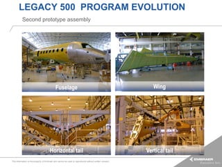 LEGACY 500 PROGRAM EVOLUTION
          Second prototype assembly




                                             Fuselage                                                      Wing




                                       Horizontal tail                                                  Vertical tail
This information is the property of Embraer and cannot be used or reproduced without written consent.
 