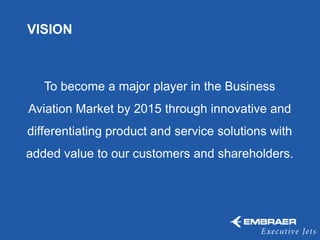 VISION



                   To become a major player in the Business
        Aviation Market by 2015 through innovative and
       differentiating product and service solutions with
      added value to our customers and shareholders.




This information is the property of Embraer and cannot be used or reproduced without written consent.
 
