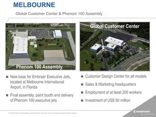 MELBOURNE
          Global Customer Center & Phenom 100 Assembly


                                                                                                               Global Customer Center




           Phenom 100 Assembly
   New base for Embraer Executive Jets,                                                                   Customer Design Center for all models
    located at Melbourne International
                                                                                                           Sales & Marketing headquarters
    Airport, in Florida
                                                                                                           Employment of at least 200 workers
   Final assembly, paint booth and delivery
    of Phenom 100 executive jets                                                                           Investment of US$ 50 million

This information is the property of Embraer and cannot be used or reproduced without written consent.
 