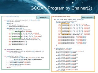 DCGAN Program by Chainer(1)
Loss
Loss Func
Training
Generator
Discriminator
object of GAN
softplus=log{1+exp(D)}
 