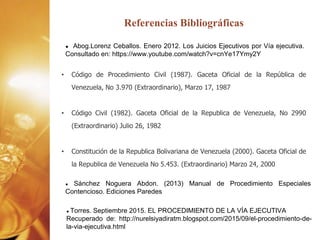 Concepto del Derecho
Internacional Privado
Referencias Bibliográficas
• Código de Procedimiento Civil (1987). Gaceta Oficial de la República de
Venezuela, No 3.970 (Extraordinario), Marzo 17, 1987
• Código Civil (1982). Gaceta Oficial de la Republica de Venezuela, No 2990
(Extraordinario) Julio 26, 1982
• Constitución de la Republica Bolivariana de Venezuela (2000). Gaceta Oficial de
la Republica de Venezuela No 5.453. (Extraordinario) Marzo 24, 2000
● Abog.Lorenz Ceballos. Enero 2012. Los Juicios Ejecutivos por Vía ejecutiva.
Consultado en: https://www.youtube.com/watch?v=cnYe17Ymy2Y
● Sánchez Noguera Abdon. (2013) Manual de Procedimiento Especiales
Contencioso. Ediciones Paredes
● Torres. Septiembre 2015. EL PROCEDIMIENTO DE LA VÍA EJECUTIVA
Recuperado de: http://nurelsiyadiratm.blogspot.com/2015/09/el-procedimiento-de-
la-via-ejecutiva.html
 