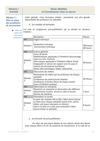 Missions /                                        Taches détaillées
  Activités                                  et Connaissances mises en œuvre

Mission 1 :             Cette période « hors formation initiale » permettrait une plus grande
Mise en place           disponibilité des professeurs de spécialité.
des procédures
de recrutement                 b. Les modules de formation

          Mise en J’ai crée un programme pré-qualification qui se divisait en plusieurs
         place du modules :
        nouveau
        processus            Description                                       Heures
                      M1            Anglais technique

                                    Vocabulaire technique
                      Module 1                                                              100 heures
                                    Conversation technique
                                                                                            60 heures
                      M2            Culture générale
                                    Cours de khmer
                                    Mathématiques appliquées à l’hôtellerie (pourcentage,
                                    calcul en croix, fraction)
                      Module
                                    Informatique appliquée à l’hôtellerie (Word, Excel)
                      2                                                                     40 heures
                                    Géographie et culture (en rapport avec les pays et
                                    cultures de provenance touristique)
                                    Visites (sites touristiques, hôtels, restaurants)
                      M3            Découverte des métiers
                                    Présentation du métier par les professeurs de chaque
                                    spécialité
                      Module                                                                20 Heures
                                    Conférences de professionnels hôteliers
                      3
                                    Conférences d’anciens élèves de chaque section
                                    Cours d’initiation pratique
                      M4            Observation en entreprise
                                    Placement en entreprise et observation des différents
                      Module
                                    départements (cuisine, service en salle et accueil,     7 jours
                      4
                                    femmes de chambre)
                      M5            Orientation et conseil
                                    A partir des modules M3 et M4, l’élève devra dresser
                                    un bilan pour chaque spécialité (points forts, points
                      Module
                                    faibles, pré-requis nécessaires et atteints)
                      5                                                                     8 heures
                                    Suite à ce bilan et à cette auto évaluation l’élève
                                    pourra choisir sa spécialité



                               a. Les formules de pré-qualification

                               Un bilan des pré-requis atteints et non atteints devait être dressé
                        pour chaque élève à la fin du processus de recrutement. A la suite de ce

  Dossier de VAE – Léa Bloom                                                                           126
 
