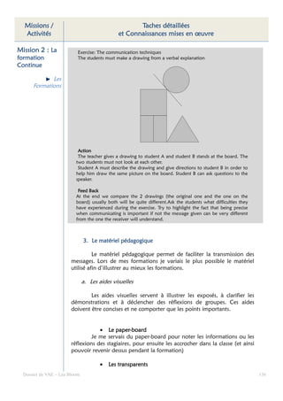 Missions /                                         Taches détaillées
  Activités                                   et Connaissances mises en œuvre

Mission 2 : La             Exercise: The communication techniques
formation                  The students must make a drawing from a verbal explanation
Continue

             Les
      Formations




                           Action
                           The teacher gives a drawing to student A and student B stands at the board. The
                          two students must not look at each other.
                           Student A must describe the drawing and give directions to student B in order to
                          help him draw the same picture on the board. Student B can ask questions to the
                          speaker.

                           Feed Back
                          At the end we compare the 2 drawings (the original one and the one on the
                          board) usually both will be quite different.Ask the students what difficulties they
                          have experienced during the exercise. Try to highlight the fact that being precise
                          when communicating is important if not the message given can be very different
                          from the one the receiver will understand.



                               3. Le matériel pédagogique

                                  Le matériel pédagogique permet de faciliter la transmission des
                        messages. Lors de mes formations je variais le plus possible le matériel
                        utilisé afin d’illustrer au mieux les formations.

                               a. Les aides visuelles

                                Les aides visuelles servent à illustrer les exposés, à clarifier les
                        démonstrations et à déclencher des réflexions de groupes. Ces aides
                        doivent être concises et ne comporter que les points importants.


                                    • Le paper-board
                                           paper-
                                 Je me servais du paper-board pour noter les informations ou les
                        réflexions des stagiaires, pour ensuite les accrocher dans la classe (et ainsi
                        pouvoir revenir dessus pendant la formation)

                                      •   Les transparents
  Dossier de VAE – Léa Bloom                                                                                    136
 
