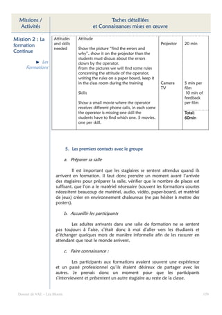 Missions /                                             Taches détaillées
  Activités                                       et Connaissances mises en œuvre

Mission 2 : La        Attitudes        Attitude
formation             and skills                                                       Projector   20 min
                      needed           Show the picture “find the errors and
Continue
Continue                               why”, show it on the projector than the
                                       students must discuss about the errors
             Les                       down by the operator.
      Formations                       From the pictures we will find some rules
                                       concerning the attitude of the operator,
                                       writing the rules on a paper board, keep it
                                       in the class room during the training           Camera      5 min per
                                                                                       TV          film
                                       Skills                                                       10 min of
                                                                                                   feedback
                                       Show a small movie where the operator                       per film
                                       receives different phone calls, in each scene
                                       the operator is missing one skill the                       Total:
                                       students have to find which one. 5 movies,                  60min
                                       one per skill.




                               5. Les premiers contacts avec le groupe

                               a. Préparer sa salle

                                 Il est important que les stagiaires se sentent attendus quand ils
                        arrivent en formation. Il faut donc prendre un moment avant l’arrivée
                        des stagiaires pour préparer la salle, vérifier que le nombre de places est
                        suffisant, que l’on a le matériel nécessaire (souvent les formations courtes
                        nécessitent beaucoup de matériel, audio, vidéo, paper-board, et matériel
                        de jeux) créer en environnement chaleureux (ne pas hésiter à mettre des
                        posters).

                               b. Accueillir les participants

                               Les adultes arrivants dans une salle de formation ne se sentent
                        pas toujours à l’aise, c’était donc à moi d’aller vers les étudiants et
                        d’échanger quelques mots de manière informelle afin de les rassurer en
                        attendant que tout le monde arrivent.

                               c. Faire connaissance :

                                 Les participants aux formations avaient souvent une expérience
                        et un passé professionnel qu’ils étaient désireux de partager avec les
                        autres. Je prenais donc un moment pour que les participants
                        s’interviewent et présentent un autre stagiaire au reste de la classe.


  Dossier de VAE – Léa Bloom                                                                                    139
 
