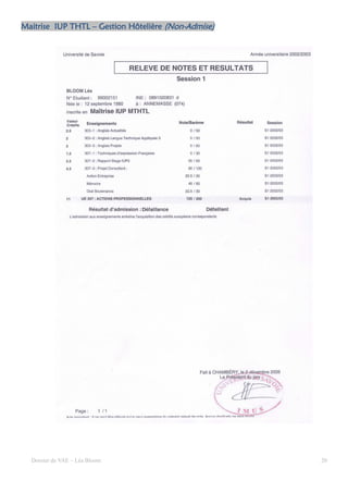 Maitrise IUP THTL – Gestion Hôtelière (Non-Admise)
                                      (Non-




  Dossier de VAE – Léa Bloom                         20
 