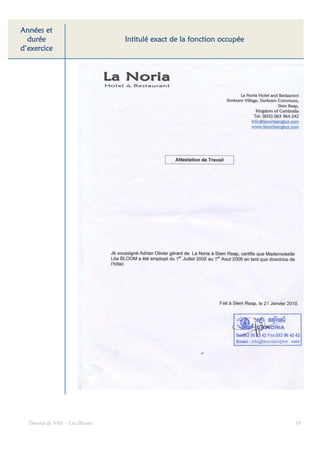 Années et
  durée                                             fonction
                               Intitulé exact de la fonction occupée
d’exercice




  Dossier de VAE – Léa Bloom                                           33
 