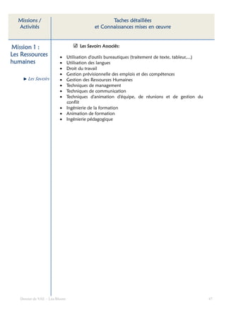 Missions /                                     Taches détaillées
  Activités                               et Connaissances mises en œuvre


Mission 1 :                       Les Savoirs Associés:
Les Ressources           • Utilisation d'outils bureautiques (traitement de texte, tableur,...)
humaines                 • Utilisation des langues
                         • Droit du travail
                         • Gestion prévisionnelle des emplois et des compétences
       Les Savoirs       • Gestion des Ressources Humaines
                         • Techniques de management
                         • Techniques de communication
                         • Techniques d'animation d'équipe, de réunions et de gestion du
                           conflit
                         • Ingénierie de la formation
                         • Animation de formation
                         • Ingénierie pédagogique




   Dossier de VAE – Léa Bloom                                                                     47
 