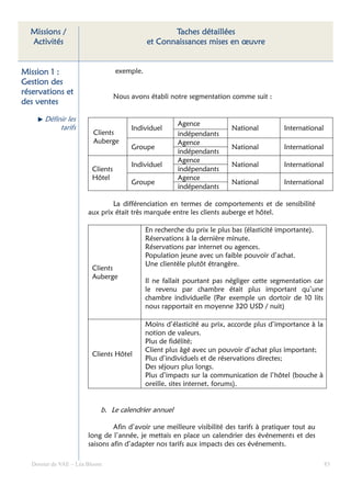 Missions /                                        Taches détaillées
  Activités                                  et Connaissances mises en œuvre


Mission 1 :                       exemple.
Gestion des
réservations et
                                  Nous avons établi notre segmentation comme suit :
des ventes

      Définir les
                                                        Agence
           tarifs                      Individuel                         National          International
                        Clients                         indépendants
                        Auberge                         Agence
                                       Groupe                             National          International
                                                        indépendants
                                                        Agence
                                       Individuel                         National          International
                        Clients                         indépendants
                        Hôtel                           Agence
                                       Groupe                             National          International
                                                        indépendants

                              La différenciation en termes de comportements et de sensibilité
                      aux prix était très marquée entre les clients auberge et hôtel.

                                             En recherche du prix le plus bas (élasticité importante).
                                             Réservations à la dernière minute.
                                             Réservations par internet ou agences.
                                             Population jeune avec un faible pouvoir d’achat.
                                             Une clientèle plutôt étrangère.
                        Clients
                        Auberge
                                             Il ne fallait pourtant pas négliger cette segmentation car
                                             le revenu par chambre était plus important qu’une
                                             chambre individuelle (Par exemple un dortoir de 10 lits
                                             nous rapportait en moyenne 320 USD / nuit)

                                             Moins d’élasticité au prix, accorde plus d’importance à la
                                             notion de valeurs.
                                             Plus de fidélité;
                                             Client plus âgé avec un pouvoir d’achat plus important;
                        Clients Hôtel
                                             Plus d’individuels et de réservations directes;
                                             Des séjours plus longs.
                                             Plus d’impacts sur la communication de l’hôtel (bouche à
                                             oreille, sites internet, forums).


                           b. Le calendrier annuel

                               Afin d’avoir une meilleure visibilité des tarifs à pratiquer tout au
                      long de l’année, je mettais en place un calendrier des événements et des
                      saisons afin d’adapter nos tarifs aux impacts des ces événements.

  Dossier de VAE – Léa Bloom                                                                                83
 