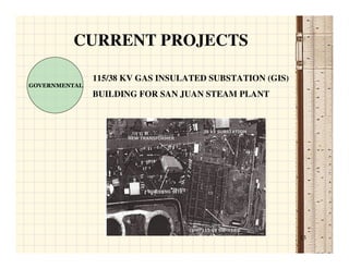CURRENT PROJECTS

               115/38 KV GAS INSULATED SUBSTATION (GIS)
GOVERNMENTAL
               BUILDING FOR SAN JUAN STEAM PLANT




                                                          13
 