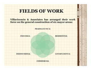 FIELDS OF WORK
Villavicencio & Associates has arranged their work
force on the general construction of six mayor areas:

                     PHARMACEUTICAL



        INDUSTRIAL                    RESIDENTIAL




    INSTITUTIONAL                     GOVERNAMENTAL



                      COMMERCIAL                        4
 