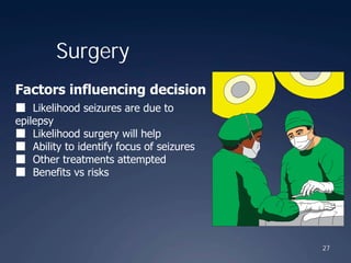 27
Surgery
Factors influencing decision
■ Likelihood seizures are due to
epilepsy
■ Likelihood surgery will help
■ Ability to identify focus of seizures
■ Other treatments attempted
■ Benefits vs risks
 