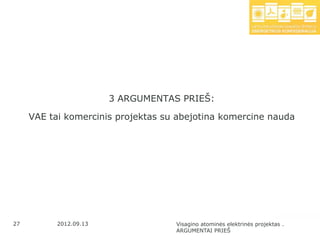 3 ARGUMENTAS PRIEŠ:

     VAE tai komercinis projektas su abejotina komercine nauda




27         2012.09.13               Visagino atominės elektrinės projektas .
                                    ARGUMENTAI PRIEŠ
 
