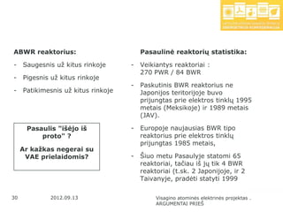 ABWR reaktorius:                         Pasaulinė reaktorių statistika:

-    Saugesnis uţ kitus rinkoje      -   Veikiantys reaktoriai :
                                         270 PWR / 84 BWR
-    Pigesnis uţ kitus rinkoje
                                     -   Paskutinis BWR reaktorius ne
-    Patikimesnis uţ kitus rinkoje       Japonijos teritorijoje buvo
                                         prijungtas prie elektros tinklų 1995
                                         metais (Meksikoje) ir 1989 metais
                                         (JAV).

      Pasaulis "išėjo iš             -   Europoje naujausias BWR tipo
          proto" ?                       reaktorius prie elektros tinklų
                                         prijungtas 1985 metais,
     Ar kažkas negerai su
      VAE prielaidomis?              -   Šiuo metu Pasaulyje statomi 65
                                         reaktoriai, tačiau iš jų tik 4 BWR
                                         reaktoriai (t.sk. 2 Japonijoje, ir 2
                                         Taivanyje, pradėti statyti 1999

30            2012.09.13                      Visagino atominės elektrinės projektas .
                                              ARGUMENTAI PRIEŠ
 