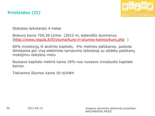 Prielaidos (II)


     Statybos laikotarpis 4 metai

     Biokuro kaina 750,39 Lt/tne (2012 m, balandţio duomenus
     (http://www,regula,lt/lt/siluma/kuro-ir-silumos-kainos/kuro,php )

     60% investicijų iš skolinto kapitalo, 4% metinės palūkanos, paskola
     išmokama per visą elektrinės tarnavimo laikotarpį su atidėtu palūkanų
     mokėjimu statybos metu

     Nuosavo kapitalo metinė kaina 10% nuo nuosavo investuoto kapitalo
     kainos

     Tiekiamos šilumos kaina 10 ct/kWh




36           2012.09.13                       Visagino atominės elektrinės projektas .
                                              ARGUMENTAI PRIEŠ
 