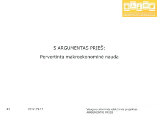 5 ARGUMENTAS PRIEŠ:

            Pervertinta makroekonominė nauda




43   2012.09.13               Visagino atominės elektrinės projektas .
                              ARGUMENTAI PRIEŠ
 