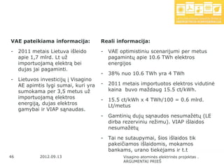 VAE pateikiama informacija:            Reali informacija:

-    2011 metais Lietuva išleido       -   VAE optimistiniu scenarijumi per metus
     apie 1,7 mlrd. Lt uţ                  pagamintų apie 10.6 TWh elektros
     importuojamą elektrą bei              energijos
     dujas jai pagaminti.
                                       -   38% nuo 10.6 TWh yra 4 TWh
-    Lietuvos investicijų į Visagino
     AE apimtis lygi sumai, kuri yra   -   2011 metais importuotos elektros vidutinė
     sumokama per 3,5 metus uţ             kaina buvo maţdaug 15.5 ct/kWh.
     importuojamą elektros             -   15.5 ct/kWh x 4 TWh/100 = 0.6 mlrd.
     energiją, dujas elektros              Lt/metus
     gamybai ir VIAP sąnaudas.
                                       -   Gamtinių dujų sąnaudos nesumaţėtų (LE
                                           dirba rezerviniu reţimu). VIAP išlaidos
                                           nesumaţėtų

                                       -   Tai ne sutaupymai, šios išlaidos tik
                                           pakeičiamos išlaidomis, mokamos
                                           bankams, urano tiekėjams ir t.t
46           2012.09.13                          Visagino atominės elektrinės projektas .
                                                 ARGUMENTAI PRIEŠ
 