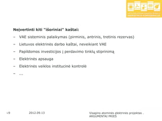 Neįvertinti kiti "išoriniai" kaštai:

      –   VAE sisteminis palaikymas (pirminis, antrinis, tretinis rezervas)

      –   Lietuvos elektrinės darbo kaštai, neveikiant VAE

      –   Papildomos investicijos į perdavimo tinklų stiprinimą

      –   Elektrinės apsauga

      –   Elektrinės veiklos institucinė kontrolė

      –   ...




49
 49             2012.09.13                          Visagino atominės elektrinės projektas .
                                                    ARGUMENTAI PRIEŠ
 