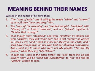 We see in the names of his sons that:
1. The “sons of exile” can (if willing) be made “white” and “known”
by ‫,יהוה‬ if they “hear and obey” Him.
2. The “sons of the assembly” are “exalted people”, “anointed” with
“shining oil” or Ruach HaKodesh, and are “joined” together in
“Elohim, their strength”.
3. That though they “stumbled” and were “smitten” by Elohim and
were “hidden”, they will “come out” and in fact “sprout” as written
in Hosea 2:23; “And I shall sow her for Myself in the earth, and I
shall have compassion on her who had not obtained compassion.
And I shall say to those who were not My people, “You are My
people,‟ while they say, “My Elohim!‟
4. Though the “sons of the bitter herbs” are “sick” from the sin and
slavery, they will be “tried and surrendered” to ‫יהוה‬ and will be
“yielded” vessels to Him.
 