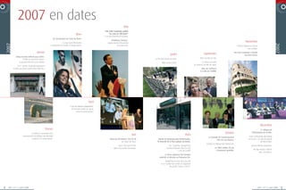 2007 en dates
R P O R AT E  N O V E M B R E 2 0 0 6                                                                                                                                                                                                                                                                                                   6 0 0 2 E R B M E V O N  E TA R O P




                                                                                                                                                                       Mai
                                                                                                                                               Vae Solis Corporate publie
                                                                                                                Mars                                “La crise en 100 mots”
                                                                                                                                               à la Documentation Française.
                                                                                   50e anniversaire du Traité de Rome.
                                                                                                                                                      Présidence Sarkozy :
                                                                                              La saga Laure Manaudou                              gouvernement d’ouverture
                                                                                                                                                                                                                                                                                                              Novembre
            2007




                                                                                                                                                                                                                                                                                                                                                          2007
                                                                                 championne du monde et frasque perso.                                       et de diversité.                                                                                                                       L’iPhone déboule en France
                                                                                                                                                                                                                                                                                                                 avec Orange.
                                                               Janvier                                                                                                                                                                                    Septembre                             Vae Solis Corporate s’installe
                                                                                                                                                                                                               Juillet                                                                                       rue Henri Heine.
                             Début d’année difficile pour EADS :
                                                                                                                                                                                           La Fiat 500 revient en force.                              DSK à la tête du FMI.
                                    l’A380 accumule les retards ;
                                la gouvernance est sur la sellette.                                                                                                                                Vélib’ arrive à Paris.                               La France accueille
                                         er                                                                                                                                                                                                   la Coupe du monde de rugby.
                             Au 1 janvier, la grande distribution
                        accède aux écrans publicitaires télévisés !                                                                                                                                                                                    Abus de confiance
                                                                                                                                                                                                                                                     à la tête de l’UIMM.




                                                                                                                                    Avril
                                                                                                         er
                                                                                                       1 tour de l’élection présidentielle :
                                                                                                         les Français votent en masse,
                                                                                                                record de participation.




                                                                                                                                                                                                                                                                                                                                   Décembre
                                                                         Février                                                                                                                                                                                                                                                 2e colloque de
                                                      Le CNRS et l’ensemble de la                                                                                                                                                                                                    Octobre                          l’Observatoire de la Ville.
                                              communauté scientifique internationale
                                                                                                                                                                                  Juin                                             Août
                                                                                                                                                                                                                                                                Le Grenelle de l’environnement                    Visite controversée de Kadhafi
                                                       ouvrent la 4e année polaire.                                                                  Visite de Jeff Immelt, CEO de GE          Année du renouveau pour Numericable ;                                                                              en France = le coup de gueule
                                                                                                                                                                                                                                                                          livre ses conclusions.
                                                                                                                                                                     au Casino de Paris.      la revanche de la fibre optique est lancée.                                                                                         de Rama Yade.
                                                                                                                                                                                                                                                              Création du Mouvement Démocrate.
                                                                                                                                                               Cap à l’Est pour le TGV,                     Les “Subprime” plongent les                                                                               Benazir Bhutto assassinée.
                                                                                                                                                         après cinq années de travaux.                    marchés financiers dans la crise                               Le CNES célèbre 50 ans
                                                                                                                                                                                                                                                                           d’aventures spatiales.                       Nicolas Sarkozy s’affiche
                                                                                                                                                                                                                       = crise de la BNP.
                                                                                                                                                                                                                                                                                                                               avec Carla Bruni.
                                                                                                                                                                                                       La fièvre aphteuse fait trembler
                                                                                                                                                                                                autorités et éleveurs au Royaume-Uni.
                                                                                                                                                                                                        Mattel fait le choix de la sécurité
                                                                                                                                                                                                  et va au-delà des normes en rappelant
                                                                                                                                                                                                            des jouets “made in China”.




       4       365° | n° 2 | Juin 2008                                                                                                                                                                                                                                                                                           365° | n° 2 | Juin 2008            5
 