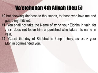 Va’etchanan 4th Aliyah (Deu 5)
10 but showing kindness to thousands, to those who love me and
guard my mitzvot.
11 “You shall not take the Name of ‫יהוה‬ your Elohim in vain, for
‫יהוה‬ does not leave him unpunished who takes his name in
vain.
12 “Guard the day of Shabbat to keep it holy, as ‫יהוה‬ your
Elohim commanded you.
 