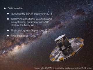 Copyright ESA/ATG medialab; background: ESO/S. Brunier
• Gaia satellite
• launched by ESA in december 2013
• determines positions, velocities and
astrophysical parameters of >109
stars of the Milky Way
• First catalogue in September 2016
• Final catalogue ~2020
 