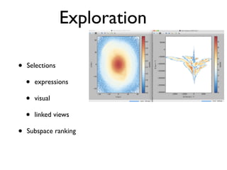 Exploration
• Selections
• expressions
• visual
• linked views
• Subspace ranking
 
