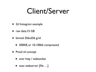 Client/Server
• 2d histogram example
• raw data:15 GB
• binned 256x256 grid
• 500KB, or 10-100kb compressed
• Proof of concept
• over http / websocket
• vaex webserver [ﬁle …]
 