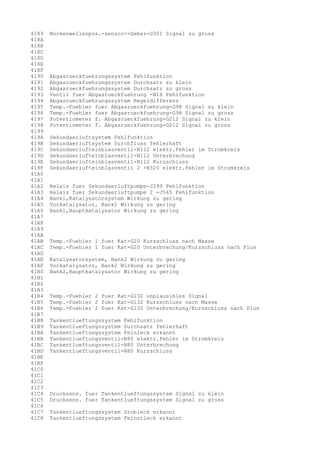 4189
418A
418B
418C
418D
418E
418F
4190
4191
4192
4193
4194
4195
4196
4197
4198
4199
419A
419B
419C
419D
419E
419F
41A0
41A1
41A2
41A3
41A4
41A5
41A6
41A7
41A8
41A9
41AA
41AB
41AC
41AD
41AE
41AF
41B0
41B1
41B2
41B3
41B4
41B5
41B6
41B7
41B8
41B9
41BA
41BB
41BC
41BD
41BE
41BF
41C0
41C1
41C2
41C3
41C4
41C5
41C6
41C7
41C8

Nockenwellenpos.-sensor=>Geber-G301 Signal zu gross

Abgasrueckfuehrungssystem Fehlfunktion
Abgasrueckfuehrungssystem Durchsatz zu klein
Abgasrueckfuehrungssystem Durchsatz zu gross
Ventil fuer Abgasrueckfuehrung -N18 Fehlfunktion
Abgasrueckfuehrungssystem Regeldifferenz
Temp.-Fuehler fuer Abgasrueckfuehrung-G98 Signal zu klein
Temp.-Fuehler fuer Abgasrueckfuehrung-G98 Signal zu gross
Potentiometer f. Abgasrueckfuehrung-G212 Signal zu klein
Potentiometer f. Abgasrueckfuehrung-G212 Signal zu gross
Sekundaerluftsystem Fehlfunktion
Sekundaerluftsystem Durchfluss fehlerhaft
Sekundaerlufteinblasventil-N112 elektr.Fehler im Stromkreis
Sekundaerlufteinblasventil-N112 Unterbrechung
Sekundaerlufteinblasventil-N112 Kurzschluss
Sekundaerlufteinblasventil 2 -N320 elektr.Fehler im Stromkreis
Relais fuer Sekundaerluftpumpe-J299 Fehlfunktion
Relais fuer Sekundaerluftpumpe 2 -J545 Fehlfunktion
Bank1,Katalysatorsystem Wirkung zu gering
Vorkatalysator, Bank1 Wirkung zu gering
Bank1,Hauptkatalysator Wirkung zu gering

Temp.-Fuehler 1 fuer Kat-G20 Kurzschluss nach Masse
Temp.-Fuehler 1 fuer Kat-G20 Unterbrechung/Kurzschluss nach Plus
Katalysatorsystem, Bank2 Wirkung zu gering
Vorkatalysator, Bank2 Wirkung zu gering
Bank2,Hauptkatalysator Wirkung zu gering

Temp.-Fuehler 2 fuer Kat-G132 unplausibles Signal
Temp.-Fuehler 2 fuer Kat-G132 Kurzschluss nach Masse
Temp.-Fuehler 2 fuer Kat-G132 Unterbrechung/Kurzschluss nach Plus
Tankentlueftungssystem Fehlfunktion
Tankentlueftungssystem Durchsatz fehlerhaft
Tankentlueftungssystem Feinleck erkannt
Tankentlueftungsventil-N80 elektr.Fehler im Stromkreis
Tankentlueftungsventil-N80 Unterbrechung
Tankentlueftungsventil-N80 Kurzschluss

Drucksens. fuer Tankentlueftungssystem Signal zu klein
Drucksens. fuer Tankentlueftungssystem Signal zu gross
Tankentlueftungssystem Grobleck erkannt
Tankentlueftungssystem Feinstleck erkannt

 