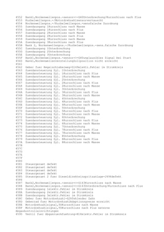 4552 Bank1,Nockenwellenpos.-sensor=>-G40Unterbrechung/Kurzschluss nach Plus
4553 Kurbelwellenpos.-/Motordrehzahlsensorvertauscht
4554 Nockenwellenpos.-/Kurbelwellenpos.-sensfalsche Zuordnung
4555 Zuendausgang 1Kurzschluss nach Masse
4556 Zuendausgang 1Kurzschluss nach Plus
4557 Zuendausgang 2Kurzschluss nach Masse
4558 Zuendausgang 2Kurzschluss nach Plus
4559 Zuendausgang 3Kurzschluss nach Masse
455A Zuendausgang 3Kurzschluss nach Plus
455B Bank 2, Nockenwellenpos.-/Kurbelwellenpos.-sens.falsche Zuordnung
455C Zuendausgang 1Unterbrechung
455D Zuendausgang 2Unterbrechung
455E Zuendausgang 3Unterbrechung
455F Bank1,Nockenwellenpos.-sensor=>-G40unplausibles Signal bei Start
4560 Bank1,NockenwellenverstellungSollposition nicht erreicht
4561
4562 Geber fuer Regelschieberweg-G149elektr.Fehler im Stromkreis
4563 Zuendansteuerung Zyl. 1Unterbrechung
4564 Zuendansteuerung Zyl. 1Kurzschluss nach Plus
4565 Zuendansteuerung Zyl. 1Kurzschluss nach Masse
4566 Zuendansteuerung Zyl. 2Unterbrechung
4567 Zuendansteuerung Zyl. 2Kurzschluss nach Plus
4568 Zuendansteuerung Zyl. 2Kurzschluss nach Masse
4569 Zuendansteuerung Zyl. 3Unterbrechung
456A Zuendansteuerung Zyl. 3Kurzschluss nach Plus
456B Zuendansteuerung Zyl. 3Kurzschluss nach Masse
456C Zuendansteuerung Zyl. 4Unterbrechung
456D Zuendansteuerung Zyl. 4Kurzschluss nach Plus
456E Zuendansteuerung Zyl. 4Kurzschluss nach Masse
456F Zuendansteuerung Zyl. 5Unterbrechung
4570 Zuendansteuerung Zyl. 5Kurzschluss nach Plus
4571 Zuendansteuerung Zyl. 5Kurzschluss nach Masse
4572 Zuendansteuerung Zyl. 6Unterbrechung
4573 Zuendansteuerung Zyl. 6Kurzschluss nach Plus
4574 Zuendansteuerung Zyl. 6Kurzschluss nach Masse
4575 Zuendansteuerung Zyl. 7Unterbrechung
4576 Zuendansteuerung Zyl. 7Kurzschluss nach Plus
4577 Zuendansteuerung Zyl. 7Kurzschluss nach Masse
4578 Zuendansteuerung Zyl. 8Unterbrechung
4579 Zuendansteuerung Zyl. 8Kurzschluss nach Plus
457A Zuendansteuerung Zyl. 8Kurzschluss nach Masse
457B
457C
457D
457E
457F
4580
4581 Steuergeraet defekt
4582 Steuergeraet defekt
4583 Steuergeraet defekt
4584 Steuergeraet defekt
4585 Steuergeraet 2 fuer Dieseldirekteinspritzanlage-J494defekt
4586
4587 Bank2,Nockenwellenpos.-sensor=>-G163Kurzschluss nach Masse
4588 Bank2,Nockenwellenpos.-sensor=>-G163Unterbrechung/Kurzschluss nach Plus
4589 Zuendausgang 1elektr.Fehler im Stromkreis
458A Zuendausgang 2elektr.Fehler im Stromkreis
458B Zuendausgang 3elektr.Fehler im Stromkreis
458C Geber fuer Motordrehzahl-G28fehlender Zahn
458D Geberrad fuer MotordrehzahlAdaptionsgrenze erreicht
458E Motordrehzahlsignal,TDKurzschluss nach Masse
458F Motordrehzahlsignal,TDKurzschluss nach Plus externe
Abgaskontrolleinrichtungen
4590 Ventil fuer Abgasrueckfuehrung-N18elektr.Fehler im Stromkreis

 