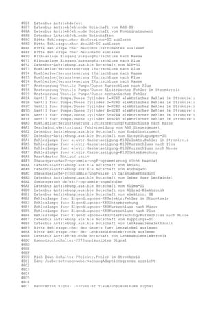 4688
4689
468A
468B
468C
468D
468E
468F
4690
4691
4692
4693
4694
4695
4696
4697
4698
4699
469A
469B
469C
469D
469E
469F
46A0
46A1
46A2
46A3
46A4
46A5
46A6
46A7
46A8
46A9
46AA
46AB
46AC
46AD
46AE
46AF
46B0
46B1
46B2
46B3
46B4
46B5
46B6
46B7
46B8
46B9
46BA
46BB
46BC
46BD
46BE
46BF
46C0
46C1
46C2
46C3
46C4
46C5
46C6
46C7

Datenbus Antriebdefekt
Datenbus Antriebfehlende Botschaft vom ABS-SG
Datenbus Antriebfehlende Botschaft vom Kombiinstrument
Datenbus Antriebfehlende Botschaften
Bitte Fehlerspeicher desGetriebe-SG auslesen
Bitte Fehlerspeicher desABS-SG auslesen
Bitte Fehlerspeicher desKombiinstrumentes auslesen
Bitte Fehlerspeicher desADR-SG auslesen
Klimaanlage Eingang/AusgangKurzschluss nach Masse
Klimaanlage Eingang/AusgangKurzschluss nach Plus
Datenbus-Antriebunplausible Botschaft vom ADR-SG
Kuehlerluefteransteuerung 1Kurzschluss nach Plus
Kuehlerluefteransteuerung 1Kurzschluss nach Masse
Kuehlerluefteransteuerung 2Kurzschluss nach Plus
Kuehlerluefteransteuerung 2Kurzschluss nach Masse
Ansteuerung Ventile Pumpe/Duese Kurzschluss nach Plus
Ansteuerung Ventile Pumpe/Duese Elektrischer Fehler im Stromkrreis
Ansteuerung Ventile Pumpe/Duese mechanischer Fehler
Ventil fuer Pumpe/Duese Zylinder 1-N240 elektrischer Fehler im Stromkreis
Ventil fuer Pumpe/Duese Zylinder 2-N241 elektrischer Fehler im Stromkreis
Ventil fuer Pumpe/Duese Zylinder 3-N242 elektrischer Fehler im Stromkreis
Ventil fuer Pumpe/Duese Zylinder 4-N243 elektrischer Fehler im Stromkreis
Ventil fuer Pumpe/Duese Zylinder 5-N244 elektrischer Fehler im Stromkreis
Ventil fuer Pumpe/Duese Zylinder 6-N245 elektrischer Fehler im Stromkreis
Kuehlerluefteransteuerung 1Unterbrechung/Kurzschluss nach Masse
Geschwindigkeitssignal Fehlermeldung vom ABS Steuergeraet
Datenbus Antriebunplausible Botschaft vom Kombiinstrument
Datenbus-Antriebunplausible Botschaft vom Einspritzpumpen-SG
Fehlerlampe fuer elektr.Gasbetaetigung-K132elektr.Fehler im Stromkreis
Fehlerlampe fuer elektr.Gasbetaetigung-K132Kurzschluss nach Plus
Fehlerlampe fuer elektr.Gasbetaetigung-K132Kurzschluss nach Masse
Fehlerlampe fuer elektr.Gasbetaetigung-K132Unterbrechung
Resetfester Notlauf aktiv
Steuergeraete-ProgrammierungProgrammierung nicht beendet
Datenbus-Antriebunplausible Botschaft vom ABS-SG
Datenbus-Antriebunplausible Botschaft vom Airbag-SG
Steuergeraete-ProgrammierungFehler in Datenuebertragung
Datenbus Antriebunplausible Botschaft vom Geber fuer Lenkwinkel
Steuergeraet defektProgrammierungsfehler
Datenbus Antriebunplausible Botschaft vom Klima-SG
Datenbus Antriebunplausible Botschaft von Allrad-Elektronik
Datenbus Antriebunplausible Botschaft von elektron. ZE
Fehlerlampe fuer Eigendiagnose-K83elektr.Fehler im Stromkreis
Fehlerlampe fuer Eigendiagnose-K83Unterbrechung
Fehlerlampe fuer Eigendiagnose-K83Kurzschluss nach Masse
Fehlerlampe fuer Eigendiagnose-K83Kurzschluss nach Plus
Fehlerlampe fuer Eigendiagnose-K83Unterbrechung/Kurzschluss nach Masse
Datenbus Antriebunplausible Botschaft vom Kupplungs-SG
Datenbus Antriebunplausible Botschaft von Lenksaeulenelektronik
Bitte Fehlerspeicher des Gebers fuer Lenkwinkel auslesen
Bitte Fehlerspeicher der Lenksaeulenelektronik auslesen
Datenbus Antriebfehlende Botschaft von Lenksaeulenelektronik
Bremsdruckschalter-F270unplausibles Signal

Kick-Down-Schalter-F8elektr.Fehler im Stromkreis
Gang-/uebersetzungsueberwachungAdaptionsgrenze erreicht

Raddrehzahlsignal 1=>Fuehler vl-G47unplausibles Signal

 