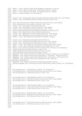 4707 Geber 1 fuer Hydraulikdruck-G193Adaptionsgrenze erreicht
4708 Geber 1 fuer Hydraulikdruck# -G193unplausibles Signal
4709 Geber 2 fuer Hydraulikdruck# -G194unplausibles Signal
470A Ventil 7elektr.Fehler im Stromkreis
470B
470C
470D Signal fuer DrehmomentreduzierungUnterbrechung/Kurzschluss nach Masse
470E Signal fuer DrehmomentreduzierungKurzschluss nach Plus
470F
4710 Hoch-/RueckschaltleitungUnterbrechung/Kurzschluss nach Masse
4711 Hoch-/RueckschaltleitungKurzschluss nach Plus
4712 Signal fuer RueckfahrlichtUnterbrechung
4713 Signal fuer RueckfahrlichtKurzschluss nach Masse
4714 Signal fuer RueckfahrlichtKurzschluss nach Plus
4715 LeerlaufdrehzahlbeeinflussungFehlermeldung vom Motor-SG
4716 Signal fuer WaehlbereichsanzeigeUnterbrechung
4717 Signal fuer WaehlbereichsanzeigeKurzschluss nach Masse
4718 Signal fuer WaehlbereichsanzeigeKurzschluss nach Plus
4719 Geber 2 fuer Getriebeausg.-drehzahl-G196kein Signal
471A
471B Signal fuer FahrgeschwindigkeitUnterbrechung
471C Signal fuer FahrgeschwindigkeitKurzschluss nach Masse
471D Signal fuer FahrgeschwindigkeitKurzschluss nach Plus
471E Geber 2 fuer Getriebeausg.-drehzahl-G196unplausibles Signal
471F Geber 2 fuer Getriebeausg.-drehzahl-G196Drehzahl zu hoch
4720 Ventil fuer Hydrauliksteller-N331elektrischer Fehler im Stromkreis
4721 SignaltonansteuerungKurzschluss nach Plus
4722 Kupplungspedalschalter-F194unplausibles Signal
4723 Planetennachschaltstufemechanischer Fehler
4724 Weggeber fuer Hydrauliksteller-G302elektrischer Fehler im Stromkreis
4725 Weggeber fuer Hydrauliksteller-G302oberer Grenzwert ueberschritten
4726 Weggeber fuer Hydrauliksteller-G302unterer Grenzwert unterschritten
4727 Weggeber fuer Hydrauliksteller-G302keine oder falsche
Grundeinstellung/Adaption
4728 Weggeber fuer Hydrauliksteller-G302unplausibles Signal
4729 Hydraulikpumpe fuer Nachschaltstufe-V190elektrischer Fehler im Stromkreis
472A
472B
472C
472D Druckregelventil 1-N215elektr.Fehler im Stromkreis
472E Druckregelventil 1-N215Unterbrechung/Kurzschluss nach Masse
472F Druckregelventil 1-N215Kurzschluss nach Plus
4730
4731
4732 Druckregelventil 2-N216elektr.Fehler im Stromkreis
4733 Druckregelventil 2-N216Unterbrechung/Kurzschluss nach Masse
4734 Druckregelventil 2-N216Kurzschluss nach Plus
4735
4736
4737 Druckregelventil 3-N217elektr.Fehler im Stromkreis
4738 Druckregelventil 3-N217Unterbrechung/Kurzschluss nach Masse
4739 Druckregelventil 3-N217Kurzschluss nach Plus
473A
473B
473C Druckregelventil 4-N218elektr.Fehler im Stromkreis
473D Druckregelventil 4-N218Unterbrechung/Kurzschluss nach Masse
473E Druckregelventil 4-N218Kurzschluss nach Plus
473F
4740
4741
4742 Druckregelventil 5-N233Unterbrechung/Kurzschluss nach Masse
4743 Druckregelventil 5-N233Kurzschluss nach Plus
4744
4745

 