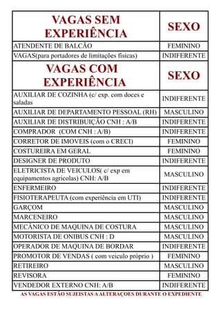 VAGAS SEM
EXPERIÊNCIA
SEXO
ATENDENTE DE BALCÃO FEMININO
VAGAS(para portadores de limitações físicas) INDIFERENTE
VAGAS COM
EXPERIÊNCIA
SEXO
AUXILIAR DE COZINHA (c/ exp. com doces e
saladas
INDIFERENTE
AUXILIAR DE DEPARTAMENTO PESSOAL (RH) MASCULINO
AUXILIAR DE DISTRIBUIÇÃO CNH : A/B INDIFERENTE
COMPRADOR (COM CNH : A/B) INDIFERENTE
CORRETOR DE IMOVEIS (com o CRECI) FEMININO
COSTUREIRA EM GERAL FEMININO
DESIGNER DE PRODUTO INDIFERENTE
ELETRICISTA DE VEICULOS( c/ exp em
equipamentos agricolas) CNH: A/B
MASCULINO
ENFERMEIRO INDIFERENTE
FISIOTERAPEUTA (com experiência em UTI) INDIFERENTE
GARÇOM MASCULINO
MARCENEIRO MASCULINO
MECÂNICO DE MAQUINA DE COSTURA MASCULINO
MOTORISTA DE ONIBUS CNH : D MASCULINO
OPERADOR DE MAQUINA DE BORDAR INDIFERENTE
PROMOTOR DE VENDAS ( com veiculo próprio ) FEMININO
RETIREIRO MASCULINO
REVISORA FEMININO
VENDEDOR EXTERNO CNH: A/B INDIFERENTE
AS VAGAS ESTÃO SUJEISTAS AALTERAÇOES DURANTE O EXPEDIENTE
 