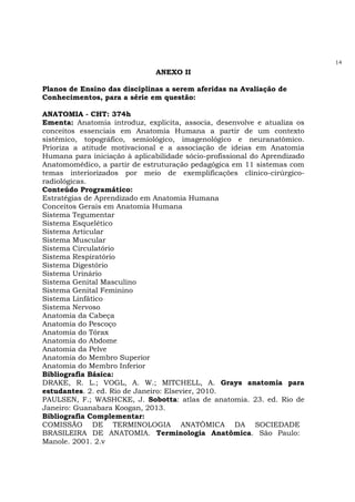 14
ANEXO II
Planos de Ensino das disciplinas a serem aferidas na Avaliação de
Conhecimentos, para a série em questão:
ANATOMIA - CHT: 374h
Ementa: Anatomia introduz, explicita, associa, desenvolve e atualiza os
conceitos essenciais em Anatomia Humana a partir de um contexto
sistêmico, topográfico, semiológico, imagenológico e neuranatômico.
Prioriza a atitude motivacional e a associação de ideias em Anatomia
Humana para iniciação à aplicabilidade sócio-profissional do Aprendizado
Anatomomédico, a partir de estruturação pedagógica em 11 sistemas com
temas interiorizados por meio de exemplificações clínico-cirúrgico-
radiológicas.
Conteúdo Programático:
Estratégias de Aprendizado em Anatomia Humana
Conceitos Gerais em Anatomia Humana
Sistema Tegumentar
Sistema Esquelético
Sistema Articular
Sistema Muscular
Sistema Circulatório
Sistema Respiratório
Sistema Digestório
Sistema Urinário
Sistema Genital Masculino
Sistema Genital Feminino
Sistema Linfático
Sistema Nervoso
Anatomia da Cabeça
Anatomia do Pescoço
Anatomia do Tórax
Anatomia do Abdome
Anatomia da Pelve
Anatomia do Membro Superior
Anatomia do Membro Inferior
Bibliografia Básica:
DRAKE, R. L.; VOGL, A. W.; MITCHELL, A. Grays anatomia para
estudantes. 2. ed. Rio de Janeiro: Elsevier, 2010.
PAULSEN, F.; WASHCKE, J. Sobotta: atlas de anatomia. 23. ed. Rio de
Janeiro: Guanabara Koogan, 2013.
Bibliografia Complementar:
COMISSÃO DE TERMINOLOGIA ANATÔMICA DA SOCIEDADE
BRASILEIRA DE ANATOMIA. Terminologia Anatômica. São Paulo:
Manole. 2001. 2.v
 