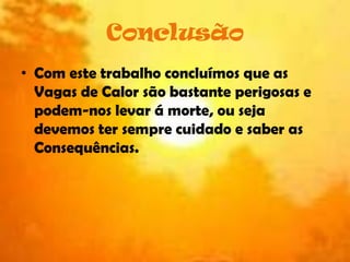 ConclusãoCom este trabalho concluímos que as Vagas de Calor são bastante perigosas e podem-nos levar á morte, ou seja devemos ter sempre cuidado e saber as Consequências.