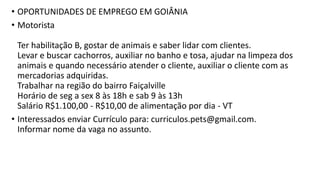 • OPORTUNIDADES DE EMPREGO EM GOIÂNIA
• Motorista
Ter habilitação B, gostar de animais e saber lidar com clientes.
Levar e buscar cachorros, auxiliar no banho e tosa, ajudar na limpeza dos
animais e quando necessário atender o cliente, auxiliar o cliente com as
mercadorias adquiridas.
Trabalhar na região do bairro Faiçalville
Horário de seg a sex 8 às 18h e sab 9 às 13h
Salário R$1.100,00 - R$10,00 de alimentação por dia - VT
• Interessados enviar Currículo para: curriculos.pets@gmail.com.
Informar nome da vaga no assunto.
 