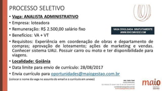 Vagas de emprego - Goiânia e Região - 29-08-2017