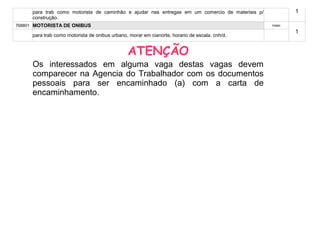 para trab como motorista de caminhão e ajudar nas entregas em um comercio de materiais p/          1
     construção.
768801 MOTORISTA DE ONIBUS                                                                       masc
                                                                                                        1
     para trab como motorista de onibus urbano, morar em cianorte, horario de escala. cnh/d.


                                               ATENÇÃO
     Os interessados em alguma vaga destas vagas devem
     comparecer na Agencia do Trabalhador com os documentos
     pessoais para ser encaminhado (a) com a carta de
     encaminhamento.
 