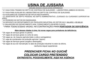 USINA DE JUSSARA
                                NENUMA DESSAS VAGAS EXIGE EXPERIENCIA
* 01 VAGA PARA TRAINEE NO DEPTO DE CONTROLE DE QUALIDADE – LABORATÓRIO.(AMBOS OS SEXOS).
* 01 VAGA PARA AUXILIAR DE LABORATÓRIO NO DEPTO DE CONTROLE DE QUALIDADE.
* 02 AUXILIARES DE COZINHA NO SETOR DO RESTAURANTE.
* 01 ASSISTENTE DE DEPTO PESSOAL NO DEPTO ADMINISTRATIVO. (CURSADO OU CURSANDO SUPERIOR NA
AREA)
* 02 PEDREIRO NO SETOR DE ENGENHARIA
* 04 SERVENTE NO DEPARTAMENTO DE PRODUÇÃO INDUSTRIAL NO SETOR HILO; SALARIO + R$ 800,00
* 01 BALANCEIRO NO DEPARTAMENTO ADM, CONHECIMENTO EM WORD E EXCEL
 * PARA TODAS ESSAS VAGAS, HÁ CONTRATAÇÃO PARA PORTADOR DE DEFICIÊNCIA
                Além dessas citadas à cima, há novas vagas para portadores de deficiência:
* 04 vagas de serviços gerais no plantio;
* 27 vagas de serviços gerais no corte de cana;
* 02 vagas op. de maquina agrícola (bate e volta e carregadeira);
* 01 vaga de coordenador de produção agrícola I (apoio);
* 04 vagas de Serviços gerais (engate e desengate);
* 02 vagas de aux de manutenção no dpto de produção industrial no setor da oficina.
                                      nenhuma requer experiencia


                          PREENCHER FICHA NO GUICHÊ
                          COLOCAR CARGO PRETENDIDO
                  ENTREVISTA, POSSIVELMENTE, AQUI NA AGÊNCIA
 