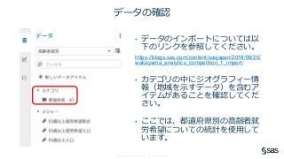 Copyright © SAS Institute Inc. All rights reserved.
データの確認
• データのインポートについては以
下のリンクを参照してください。
https://blogs.sas.com/content/sasjapan/2018/09/20/
wakayama_analytics_competition_1_import/
• カテゴリの中にジオグラフィー情
報（地域を示すデータ）を含むア
イテムがあることを確認してくだ
さい。
• ここでは、都道府県別の高齢者就
労希望についての統計を使用して
います。
 