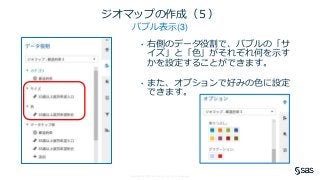 Copyright © SAS Institute Inc. All rights reserved.
ジオマップの作成（５）
バブル表示(3)
• 右側のデータ役割で、バブルの「サ
イズ」と「色」がそれぞれ何を示す
かを設定することができます。
• また、オプションで好みの色に設定
できます。
 