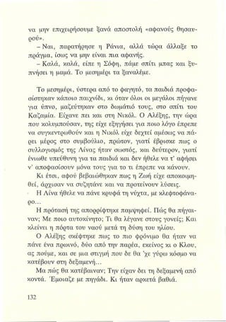 να μην επιχειρήσουμε ξανά αποστολή «αφανούς θησαυ­
ρού».
- Ναι, παρατήρησε η Ράνια, αλλά τώρα άλλαξε το
πράγμα, ίσως να μην είναι πια αφανής.
- Καλά, καλά, είπε η Σόφη, πάμε σπίτι μπας και ξυ­
πνήσει η μαμά. Το μεσημέρι τα ξαναλέμε.
Το μεσημέρι, ύστερα από το φαγητό, τα παιδιά προφα­
σίστηκαν κάποιο παιχνίδι, κι όταν όλοι οι μεγάλοι πήγανε
για ύπνο, μαζεύτηκαν στο δωμάτιό τους, στο σπίτι του
Καζαμία· Είχανε πει και στη Νικόλ. Ο Αλέξης, την ώρα
που κολυμπούσαν, της είχε εξηγήσει για ποιο λόγο έπρεπε
να συγκεντρωθούν και η Νικόλ είχε δεχτεί αμέσως να πά­
ρει μέρος στο συμβούλιο, πρώτον, γιατί έβρισκε πως ο
συλλογισμός της Λίνας ήταν σωστός, και δεύτερον, γιατί
ένιωθε υπεύθυνη για τα παιδιά και δεν ήθελε να τ’ αφήσει
ν’ αποφασίσουν μόνα τους για το τι έπρεπε να κάνουν.
Κι έτσι, αφού βεβαιώθηκαν πως η Ζωή είχε αποκοιμη­
θεί, άρχισαν να συζητάνε και να προτείνουν λύσεις.
Η Λίνα ήθελε να πάνε κρυφά τη νύχτα, με κλεφτοφάνα­
ρο...
Η πρότασή της απορρίφτηκε παμψηφεί. Πώς θα πήγαι­
ναν; Με ποιο αυτοκίνητο; Τι θα λέγανε στους γονείς; Και
κλείνει η πόρτα του ναού μετά τη δύση του ηλίου.
Ο Αλέξης σκέφτηκε πως το πιο φρόνιμο θα ήταν να
πάνε ένα πρωινό, δύο από την παρέα, εκείνος κι ο Κλου,
ας πούμε, και σε μια στιγμή που δε θα ’χε γύρω κόσμο να
κατέβουν στη δεξαμενή...
Μα πώς θα κατέβαιναν; Την είχαν δει τη δεξαμενή από
κοντά. Έμοιαζε με πηγάδι. Κι ήταν αρκετά βαθιά.
 